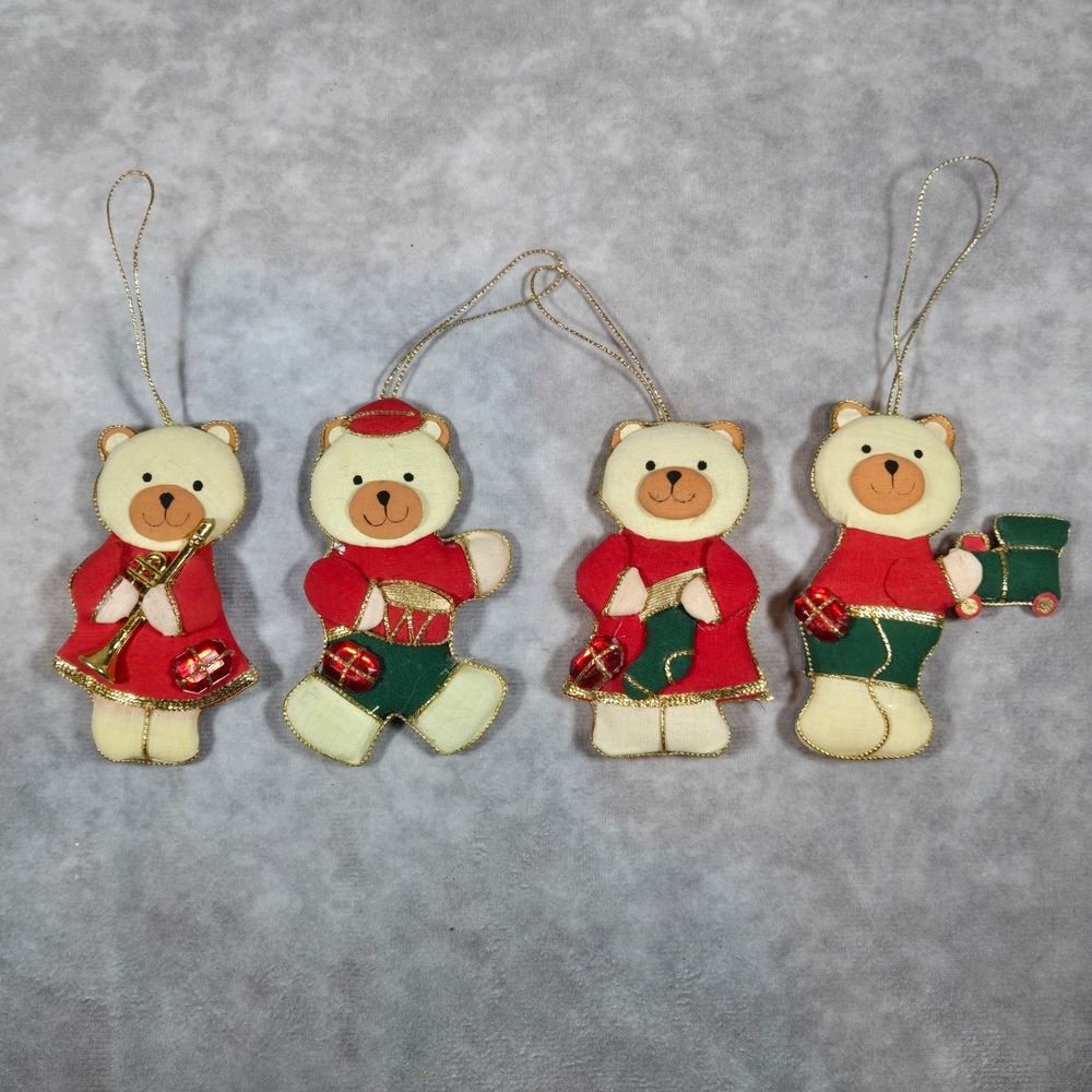 Vintage Fabric Bear Ornaments‎ Band Drummer Christmas Lot of 4